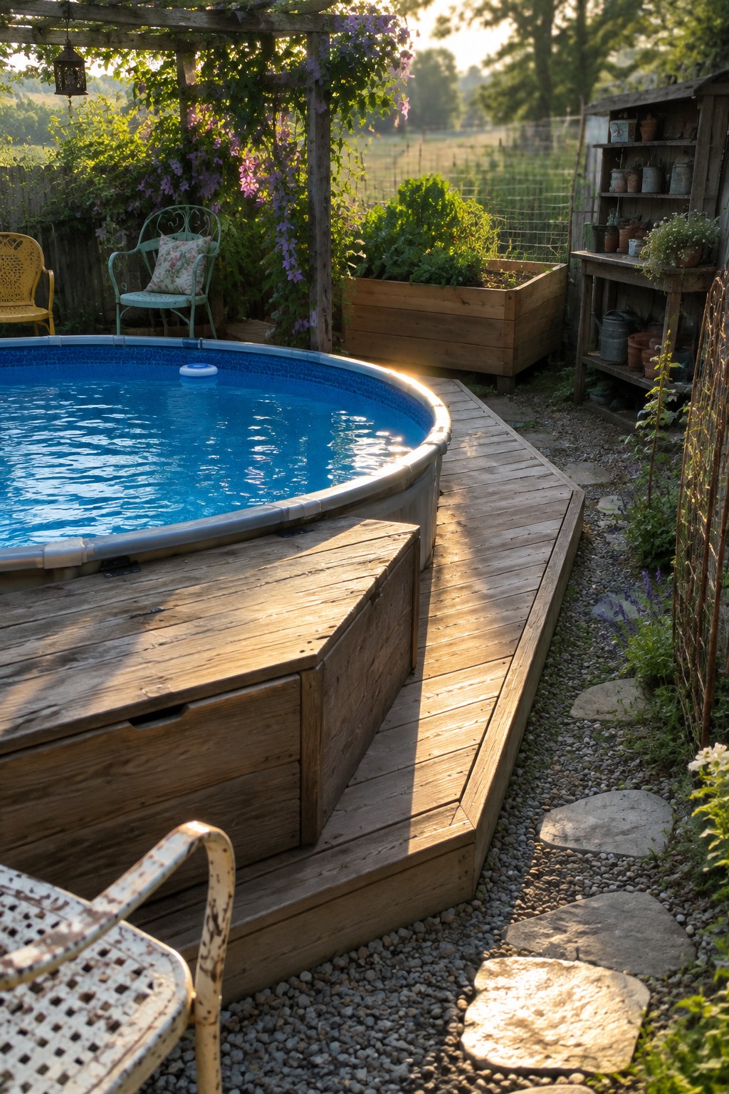 16 Round Above Ground Pool Ideas With Space-Saving Decks Above-ground blue pool on wooden deck beside garden shed with purple flowers
