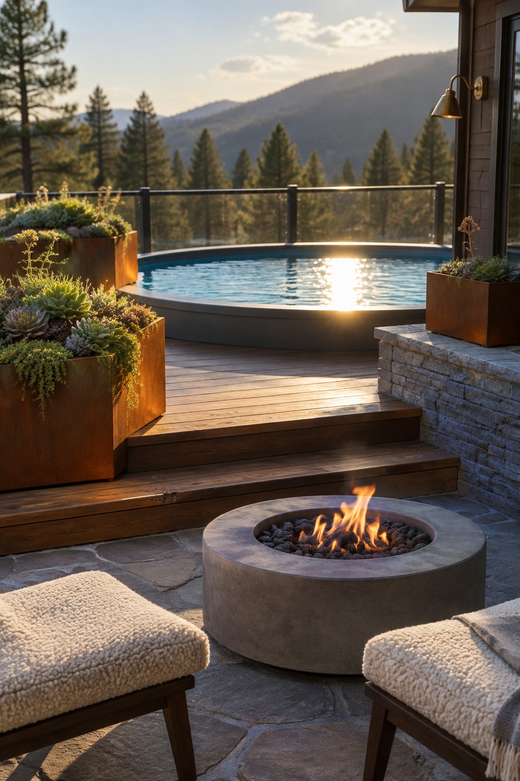 16 Round Above Ground Pool Ideas With Space-Saving Decks Fire pit with flames, fuzzy stools on stone patio near pool and mountains at sunset