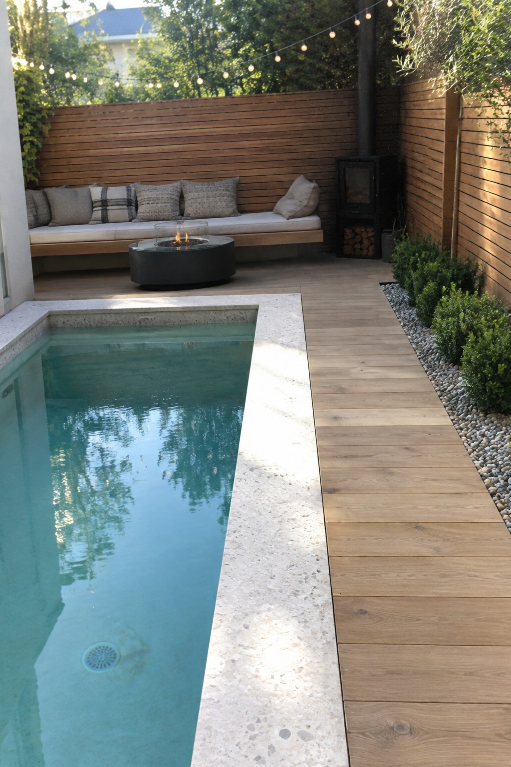 13 Sleek Inground Plunge Pool Ideas for Modern Backyards Modern patio with pool, fire pit, wooden bench, stove and string lights.