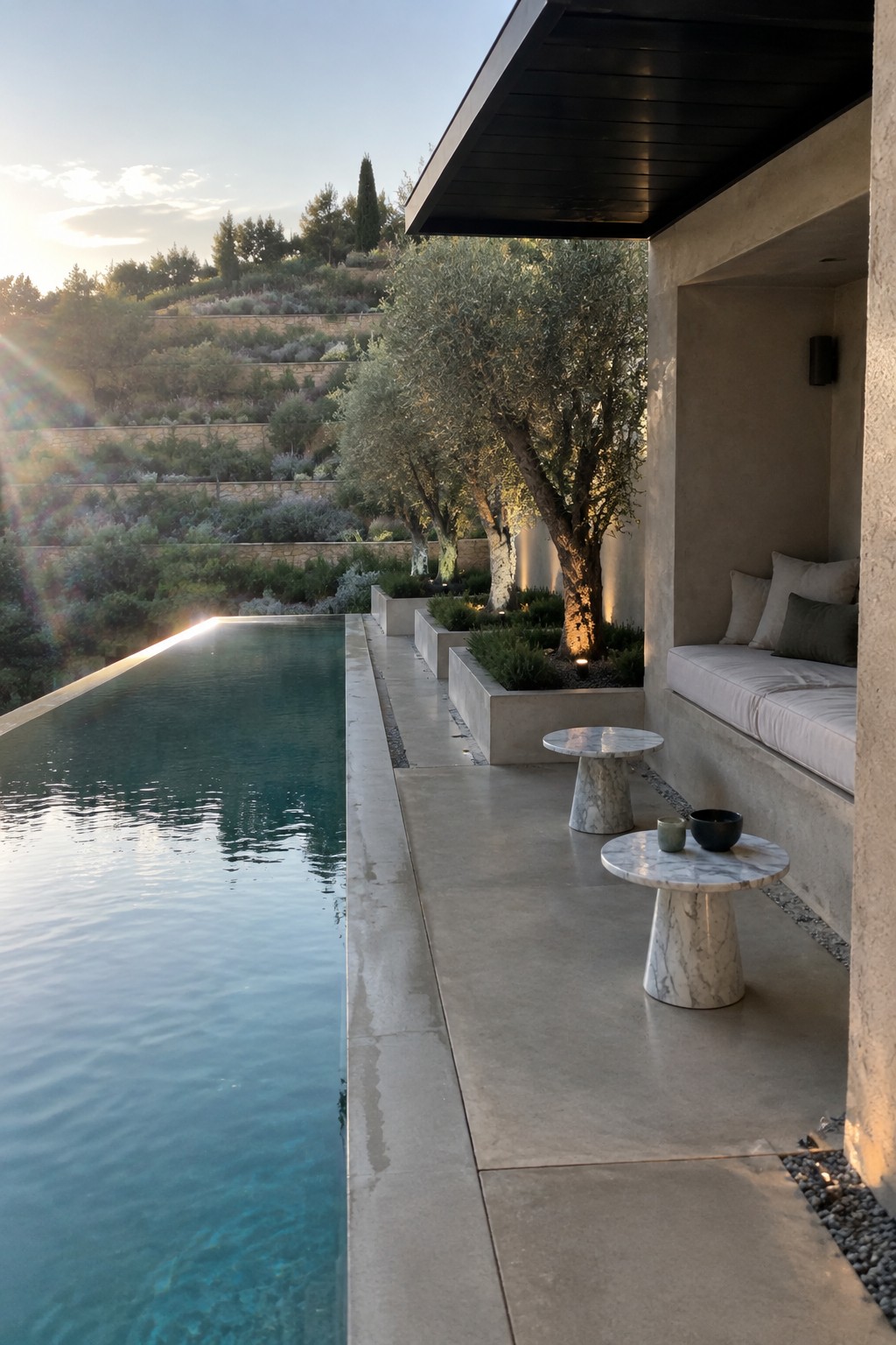13 Sleek Inground Plunge Pool Ideas for Modern Backyards A long rectangular plunge pool with a narrow concrete deck, built-in bench seating with cushions, two marble side tables, and olive trees in concrete planters.