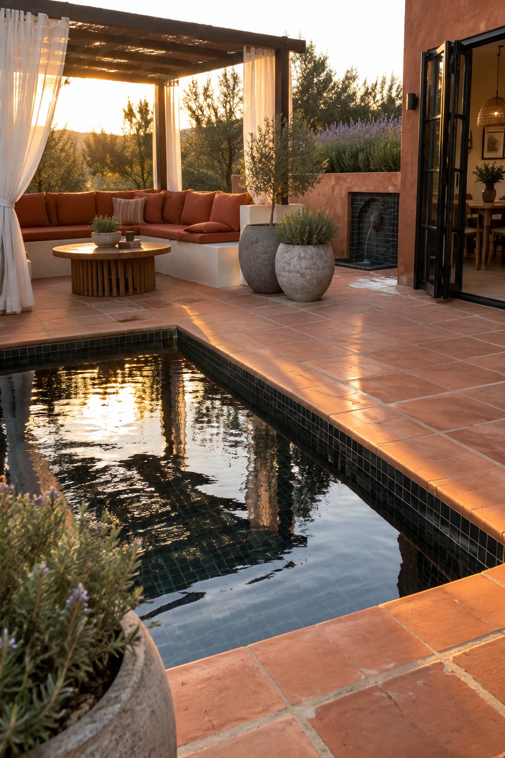 13 Sleek Inground Plunge Pool Ideas for Modern Backyards A rectangular plunge pool with dark tile lining sits flush against a terracotta tiled patio, next to a covered seating area with orange cushions and large concrete planters.
