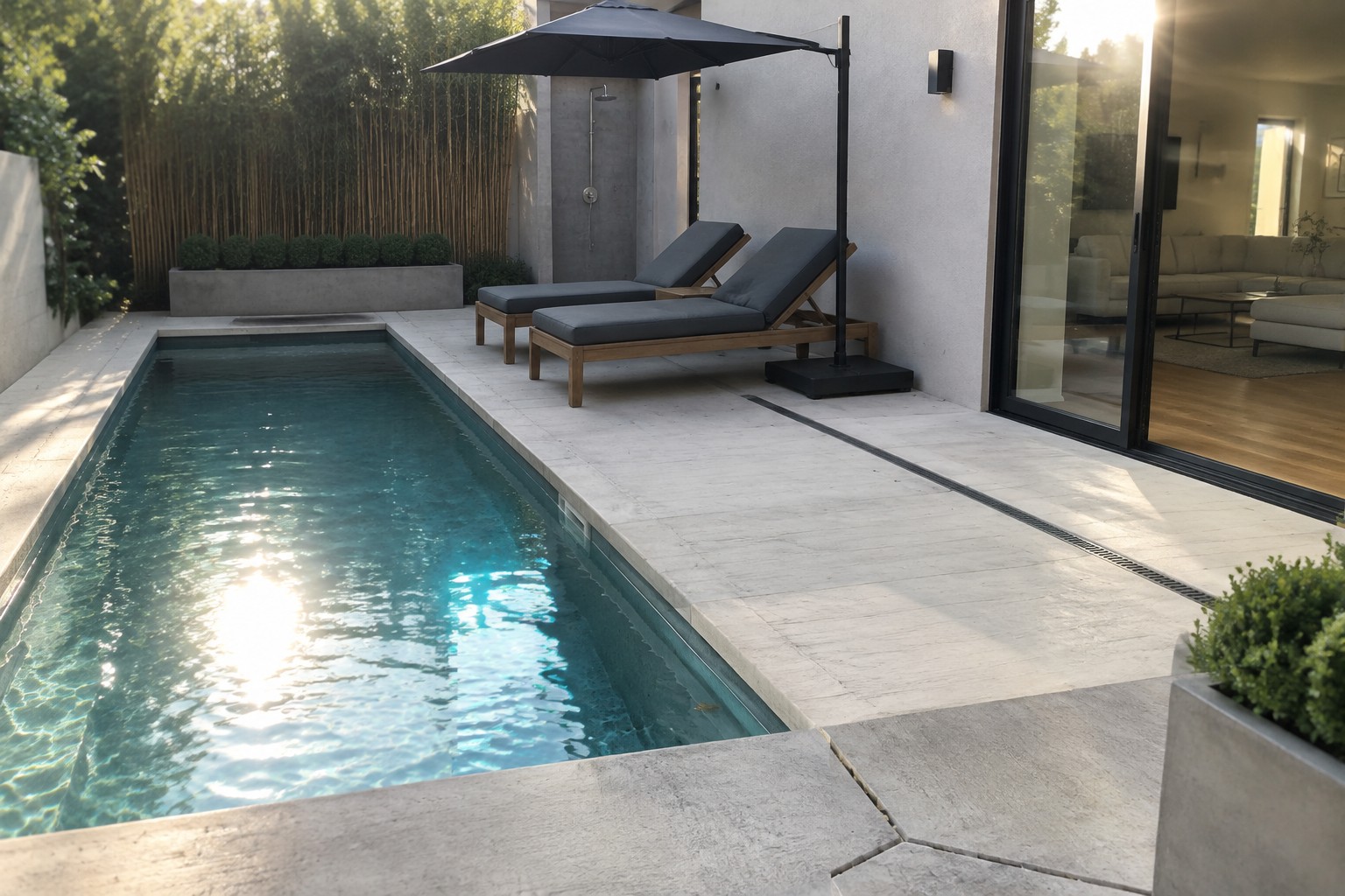 13 Sleek Inground Plunge Pool Ideas for Modern Backyards A long narrow plunge pool with blue water next to a concrete patio, two gray lounge chairs, a bamboo screen, and an outdoor shower set into a recessed wall.