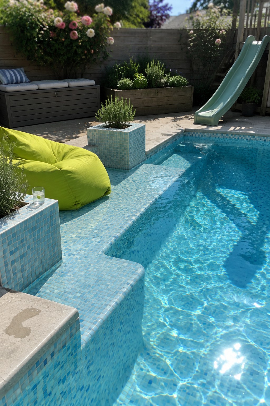 13 Sleek Inground Plunge Pool Ideas for Modern Backyards A modern backyard plunge pool with light blue mosaic tile covering the deck and edges, a green slide on the right, a lime green beanbag on the tile, and raised planters with flowers in the background.