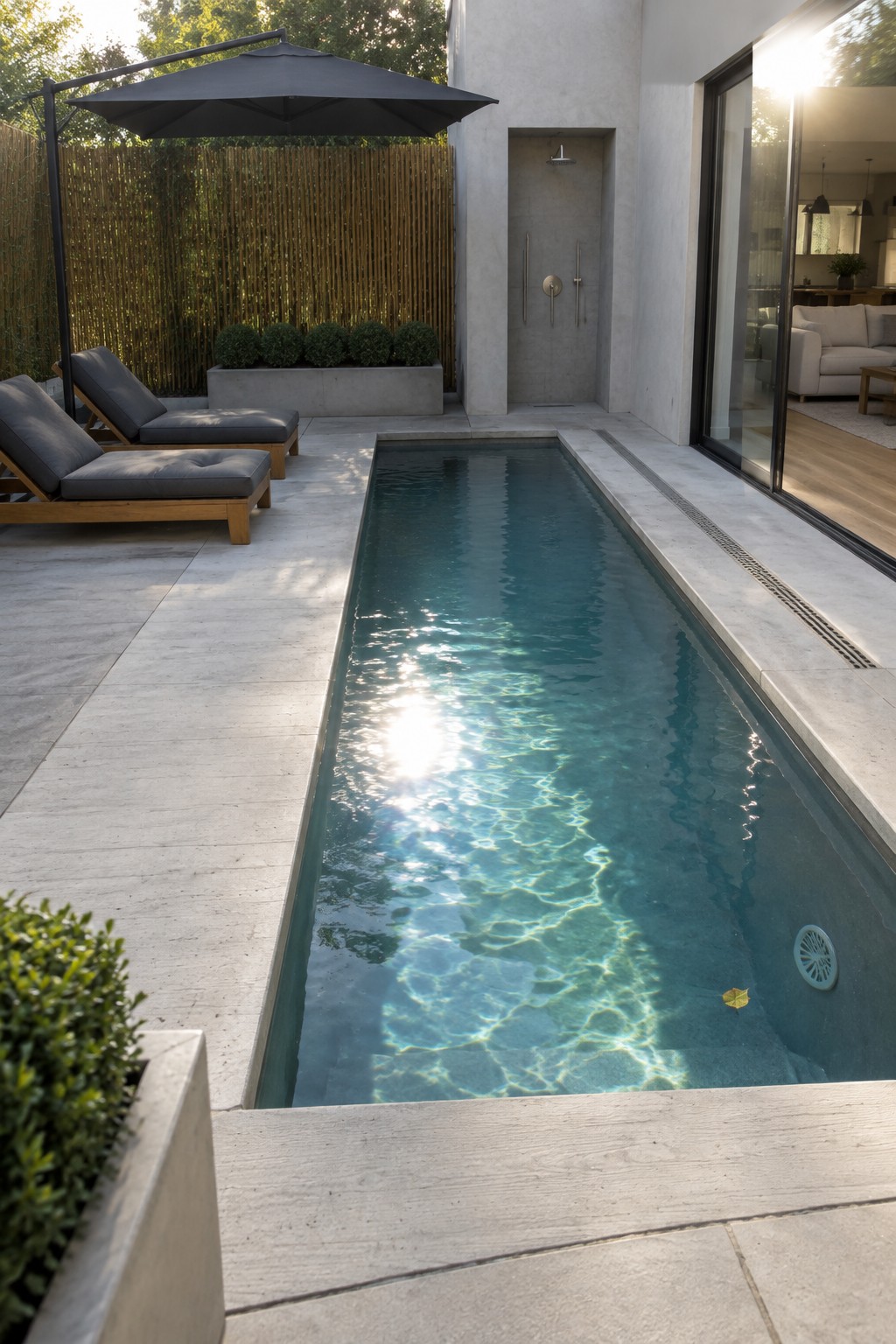 13 Sleek Inground Plunge Pool Ideas for Modern Backyards A long narrow plunge pool with blue water next to a concrete patio, two gray lounge chairs, a bamboo screen, and an outdoor shower set into a recessed wall.