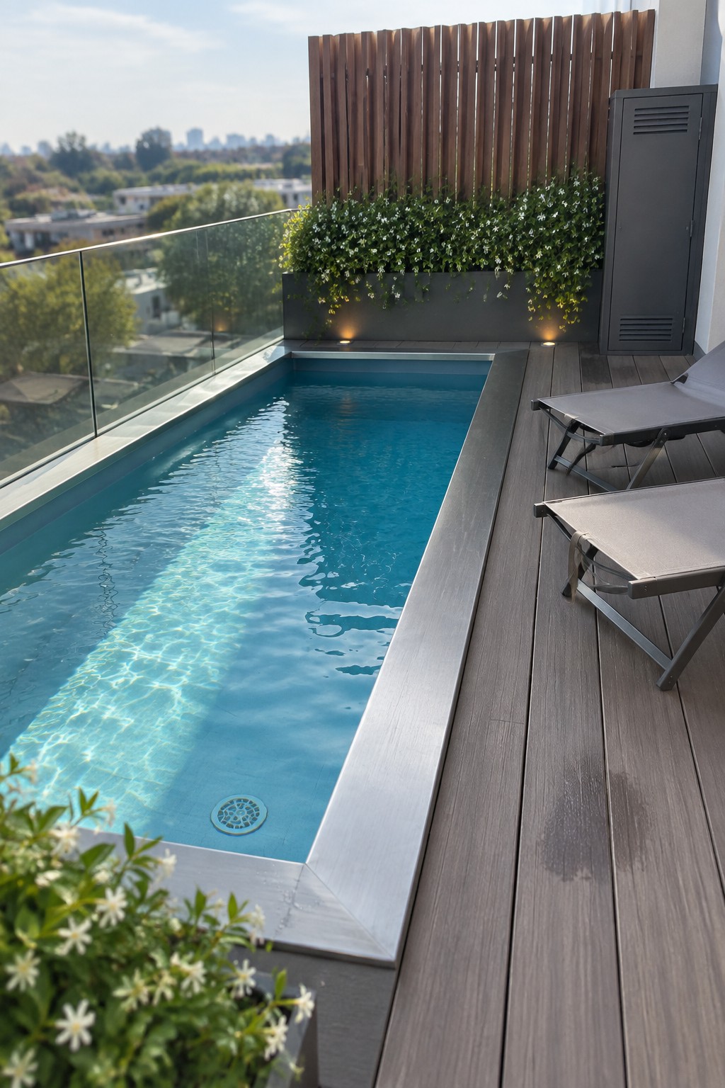 13 Sleek Inground Plunge Pool Ideas for Modern Backyards Rooftop pool with rippling blue water beside lounge chairs on wooden deck