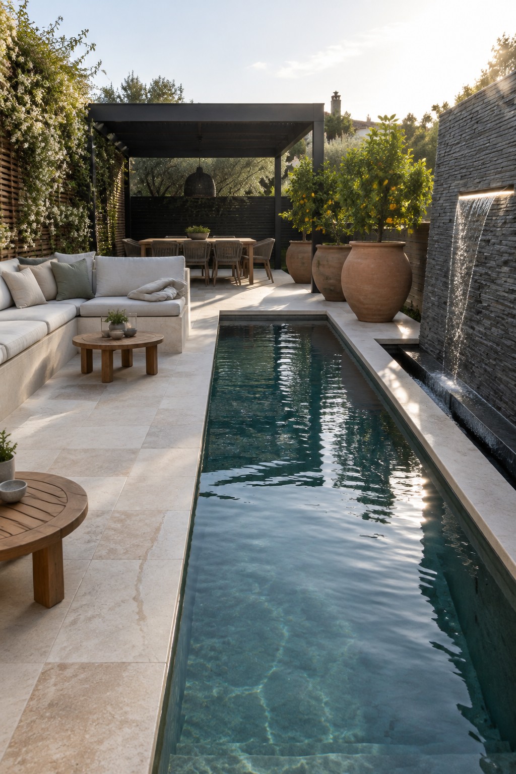 13 Sleek Inground Plunge Pool Ideas for Modern Backyards A long narrow inground plunge pool with a stone water wall on the right side, outdoor sofa seating on the left, and a dark pergola in the background.