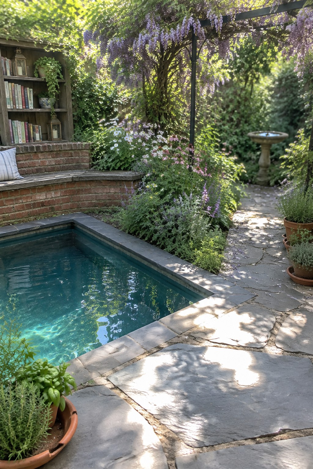 13 Sleek Inground Plunge Pool Ideas for Modern Backyards A rectangular inground plunge pool with dark stone coping sits next to an irregular flagstone path in a garden with dense flowering plants and a wisteria-covered pergola.