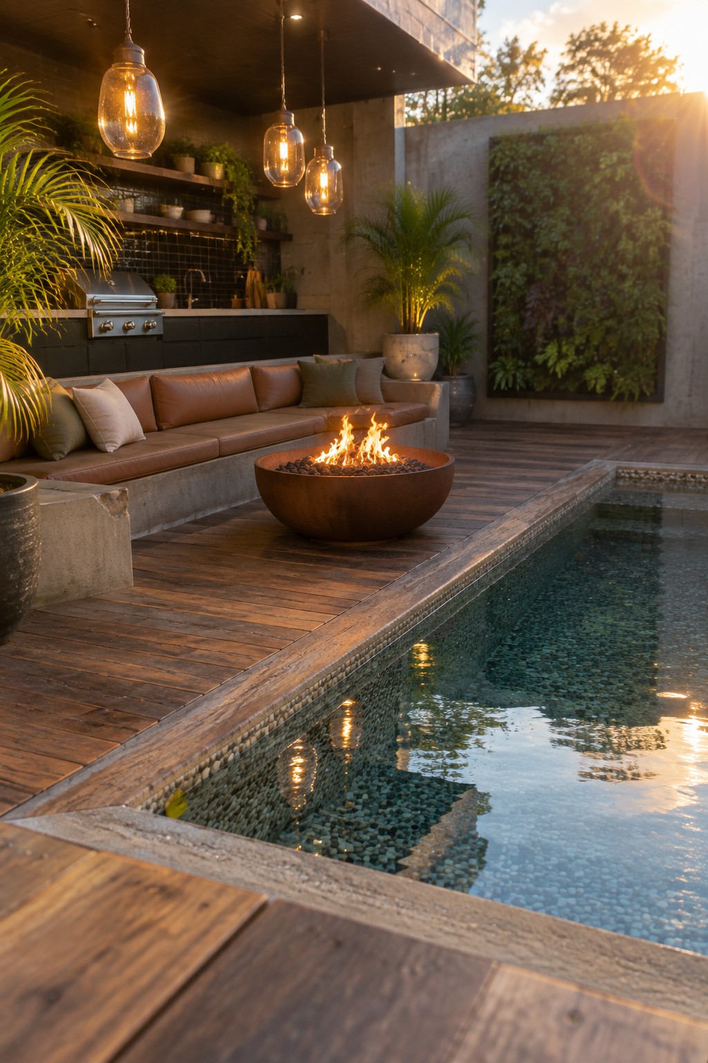 13 Sleek Inground Plunge Pool Ideas for Modern Backyards An outdoor deck with an inground plunge pool, a round rusted metal fire pit with flames, built-in concrete seating with cushions, and an outdoor kitchen in the background.