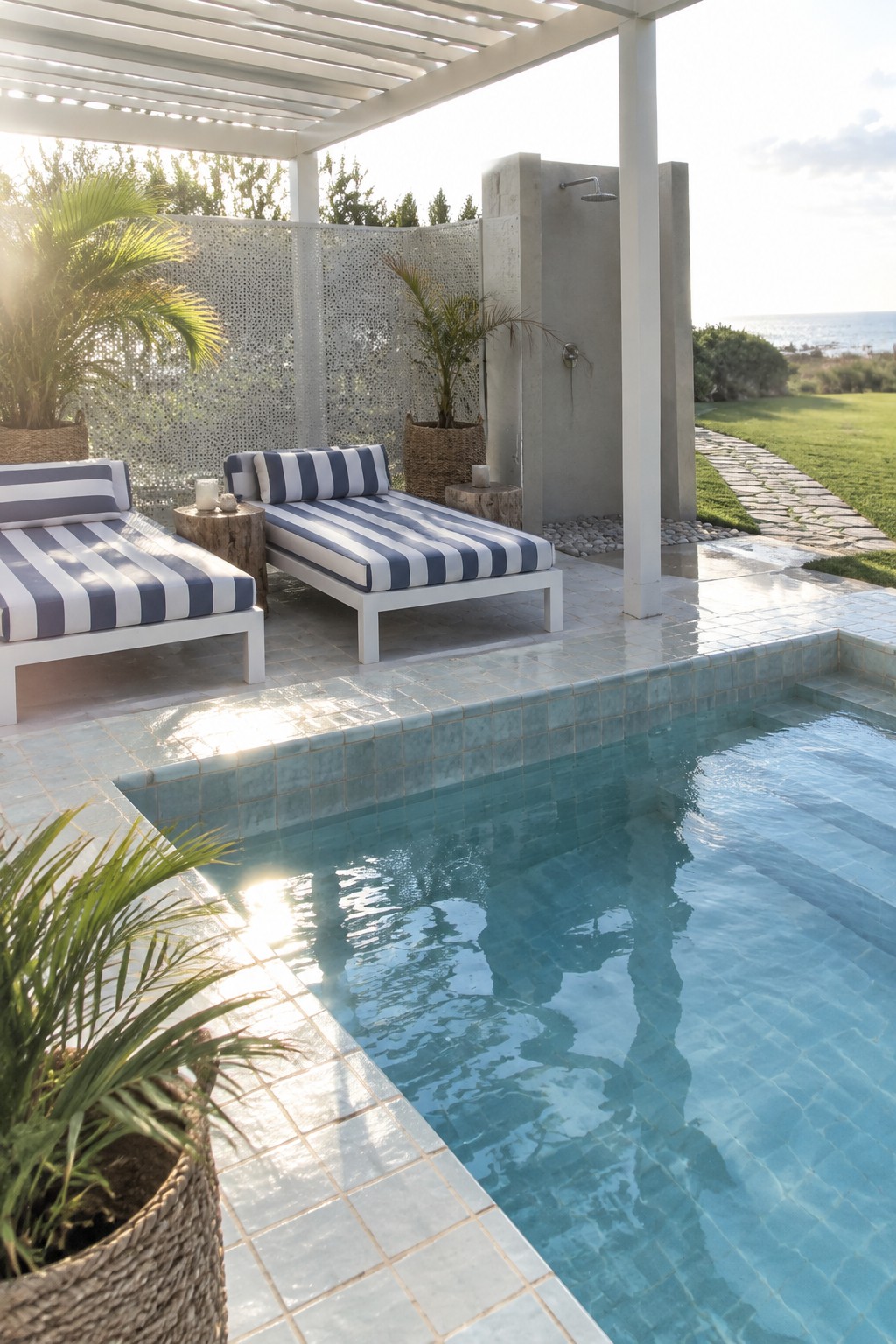 13 Sleek Inground Plunge Pool Ideas for Modern Backyards A modern plunge pool with light blue tiles next to white lounge chairs with blue striped cushions under a white pergola, with an outdoor concrete shower on the tiled patio.