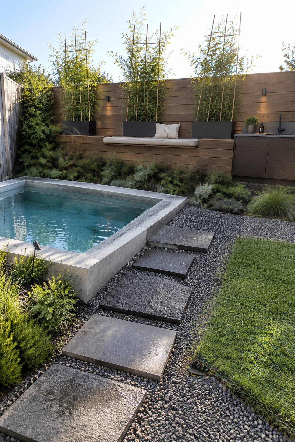 13 Sleek Inground Plunge Pool Ideas for Modern Backyards A rectangular concrete plunge pool sits beside a gravel path with large gray stone pavers leading toward a lawn, with a wooden fence, black planters, and bamboo behind it.