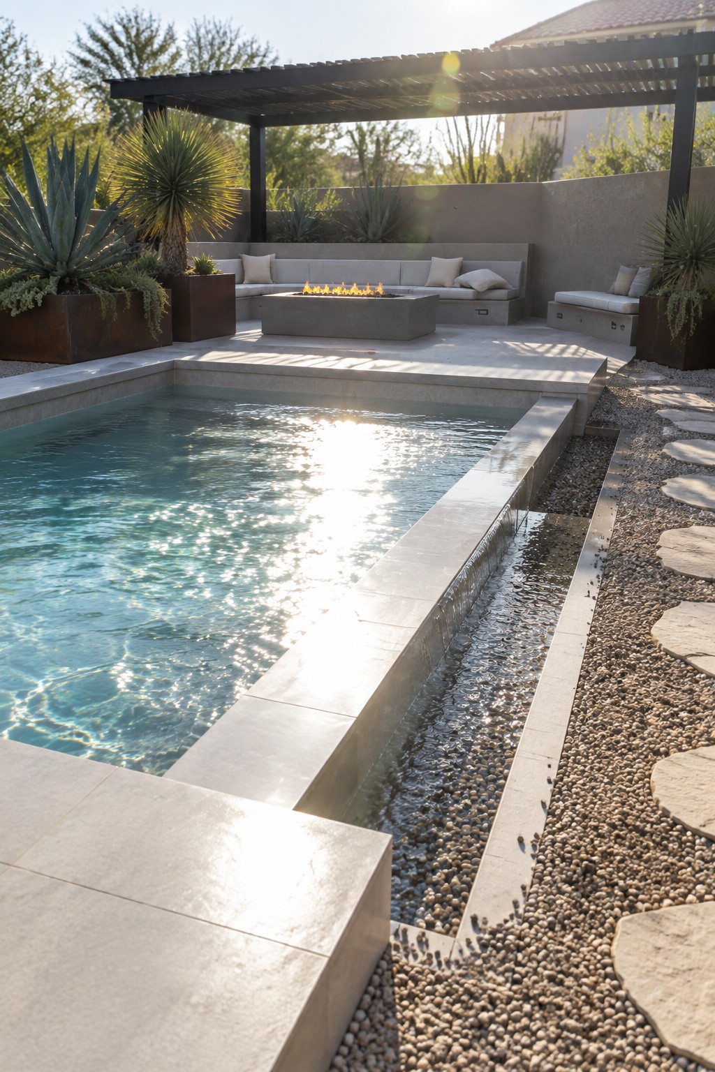 13 Sleek Inground Plunge Pool Ideas for Modern Backyards A rectangular plunge pool with a long pebble-filled trough along one side where water spills over the edge, next to a concrete fire pit and built-in seating under a dark pergola.