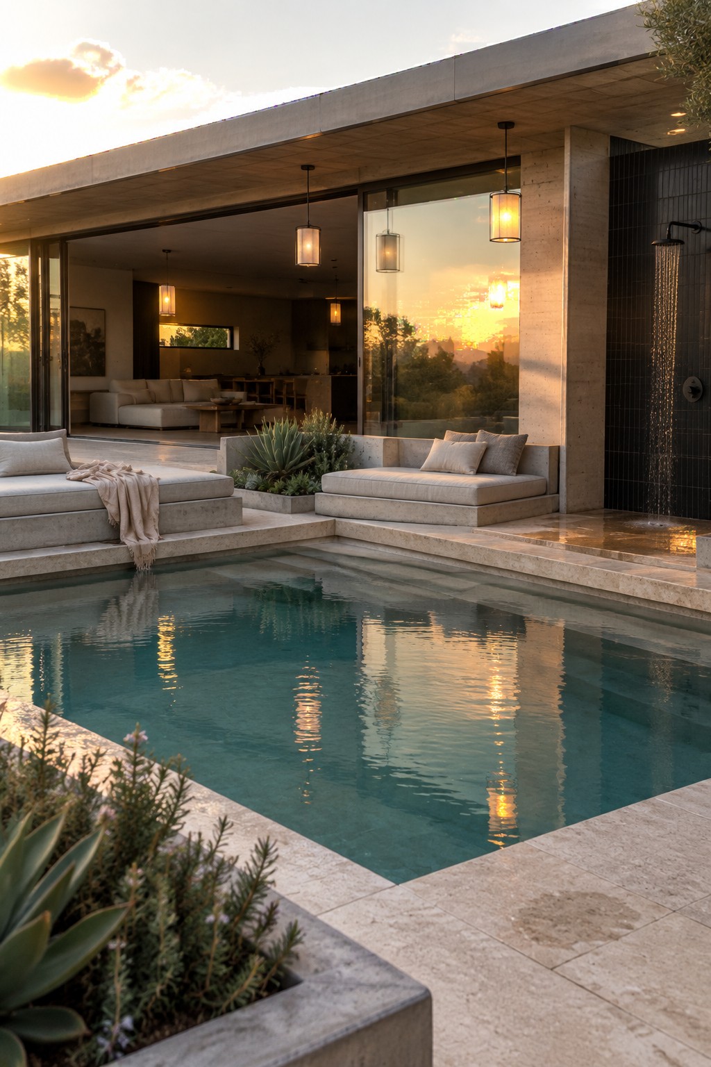 18 Sophisticated Glass House Swimming Pool Designs With Seamless Views A modern concrete house with a rectangular swimming pool, built-in concrete daybeds and seating along the pool edge, large glass sliding doors, and an outdoor shower at sunset.