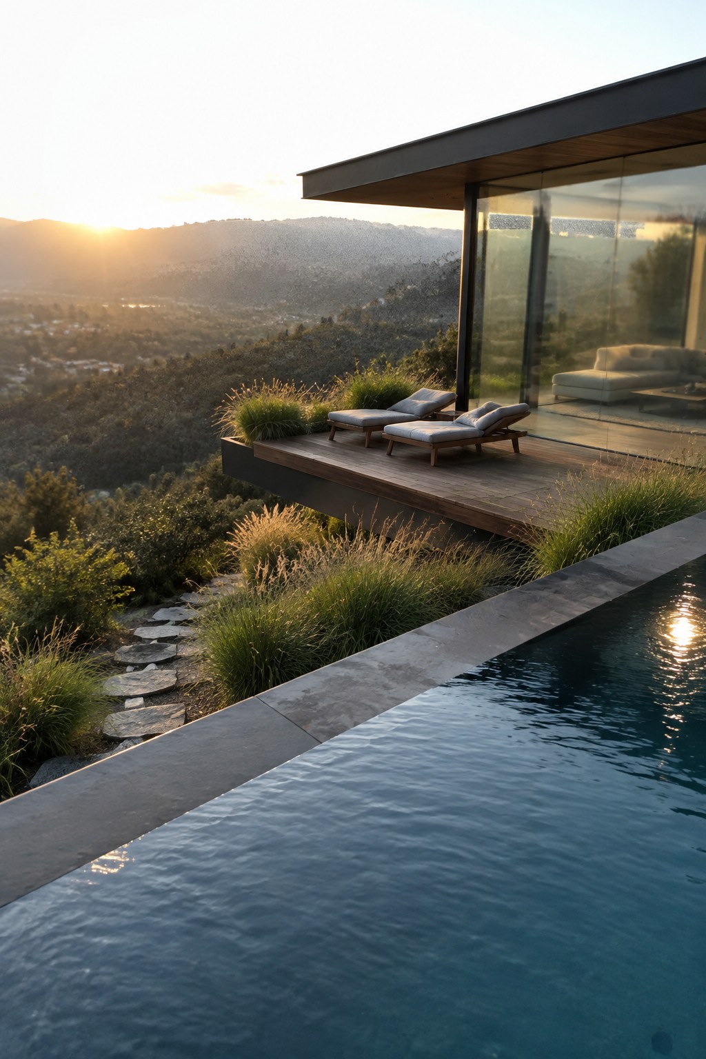 18 Sophisticated Glass House Swimming Pool Designs With Seamless Views A modern glass house with a cantilevered wooden deck holding two lounge chairs next to an infinity pool overlooking a hilly landscape at sunset.