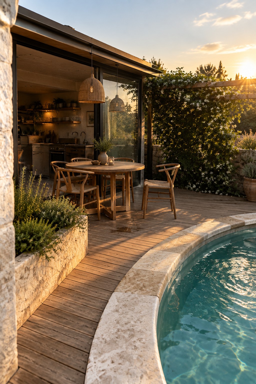 18 Sophisticated Glass House Swimming Pool Designs With Seamless Views A round wooden dining table with four chairs on a deck next to a curved swimming pool, with open glass doors revealing a kitchen inside.