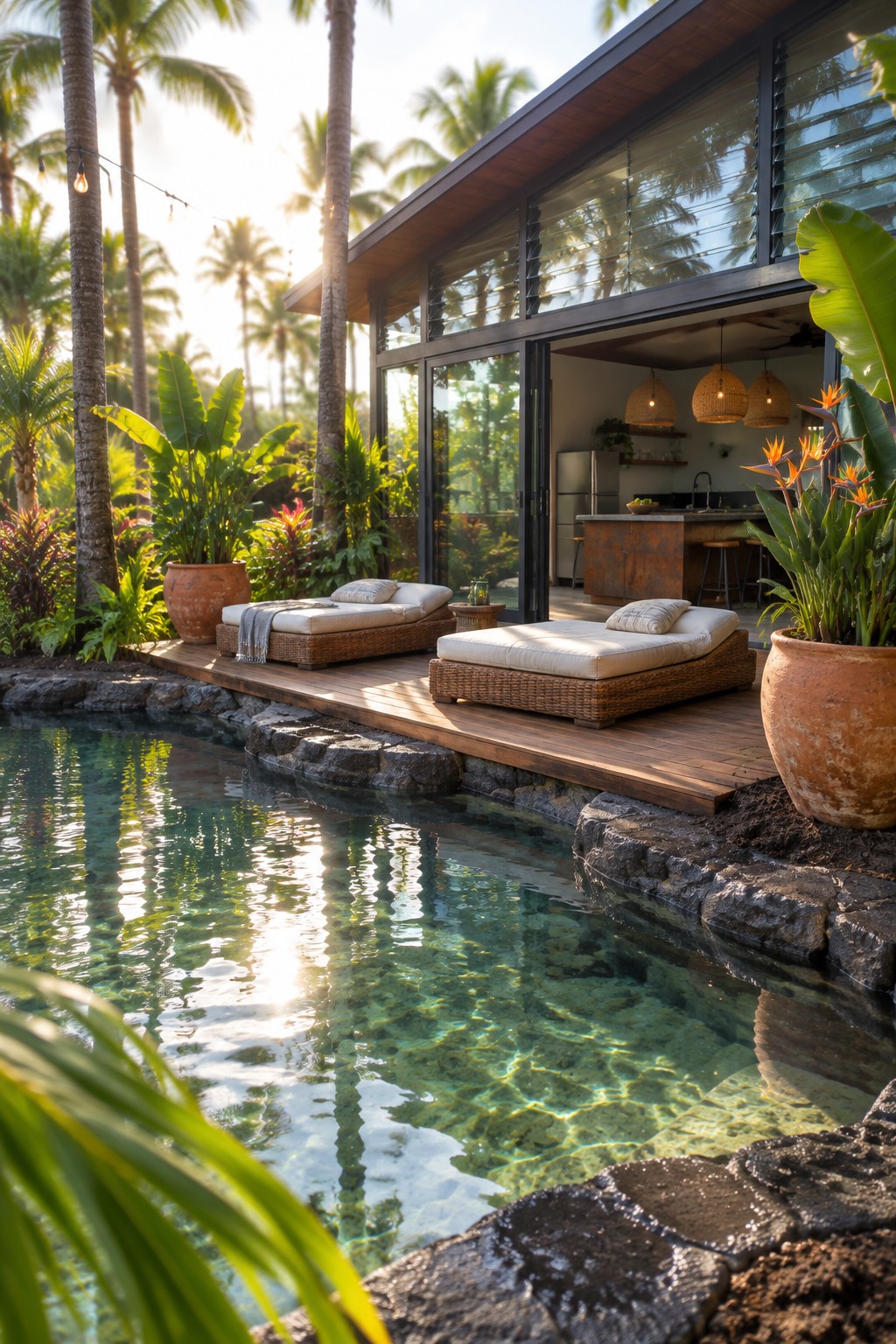 18 Sophisticated Glass House Swimming Pool Designs With Seamless Views A modern house with large glass doors opening onto a wooden deck holding two woven lounge chairs beside a clear swimming pool edged with dark rocks and surrounded by palm trees and tropical plants.