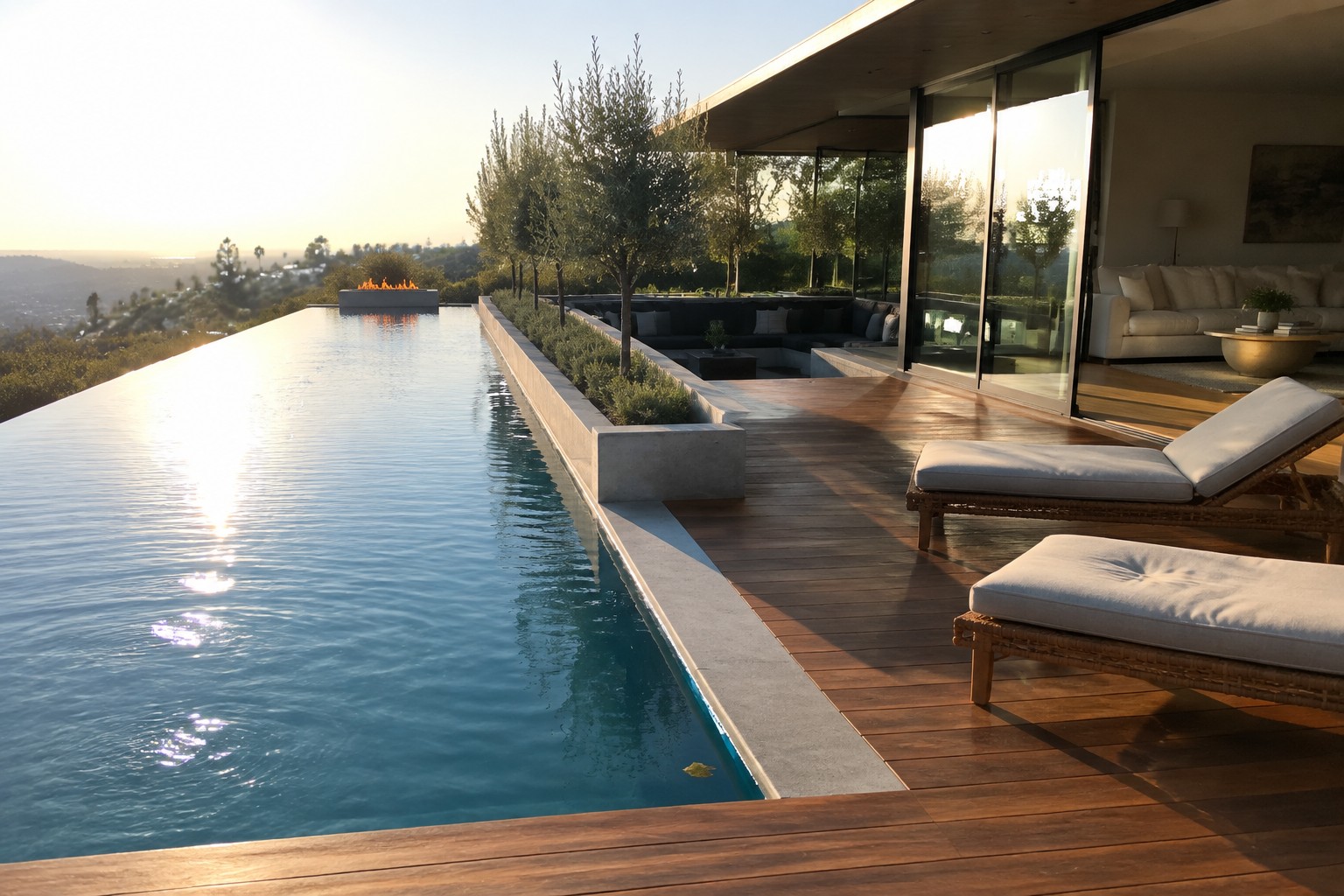 A long infinity pool runs parallel to a wooden deck with two lounge chairs, next to a modern house with large glass doors opening to an outdoor seating area and fire pit.