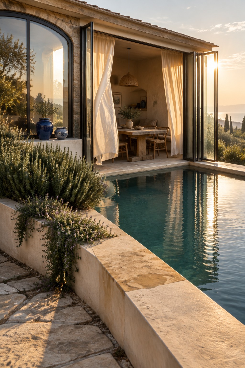 18 Sophisticated Glass House Swimming Pool Designs With Seamless Views A rectangular pool runs alongside a stone house with wide open glass doors showing an indoor dining table and a view toward the sea.