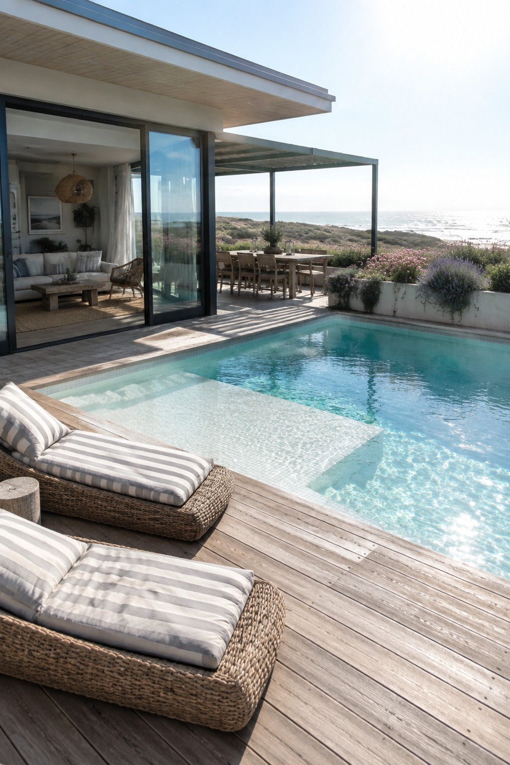 18 Sophisticated Glass House Swimming Pool Designs With Seamless Views Modern villa with turquoise infinity pool, striped loungers on ocean-view deck