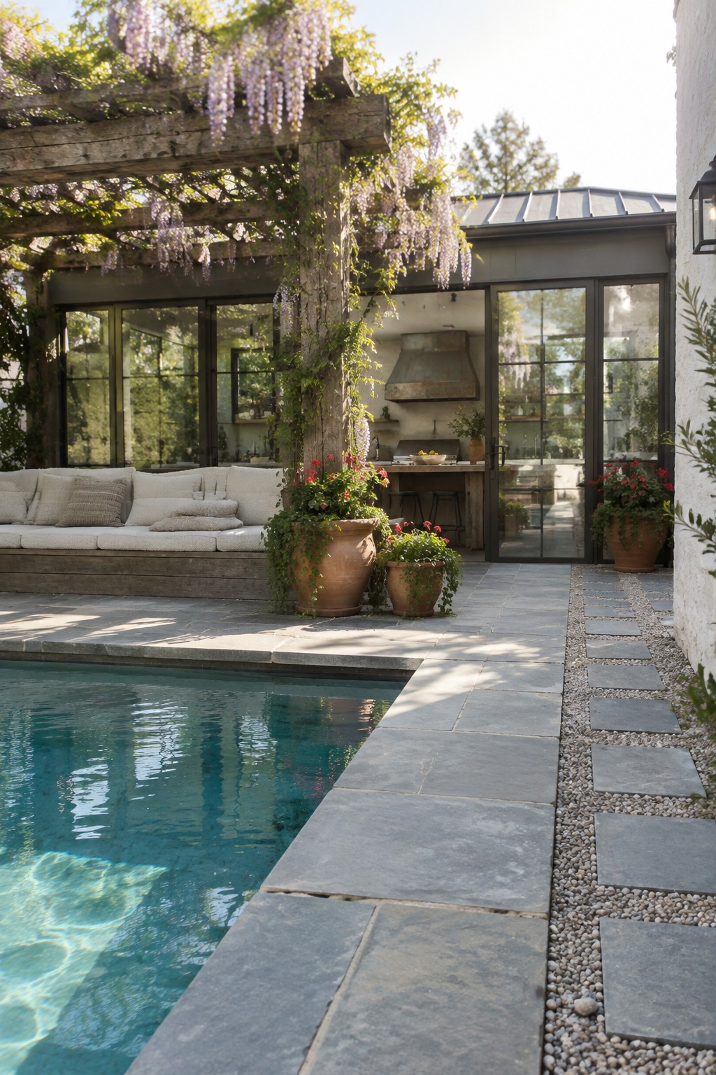 18 Sophisticated Glass House Swimming Pool Designs With Seamless Views Outdoor patio with pool, wisteria pergola, stone path, terracotta pots of red flowers.