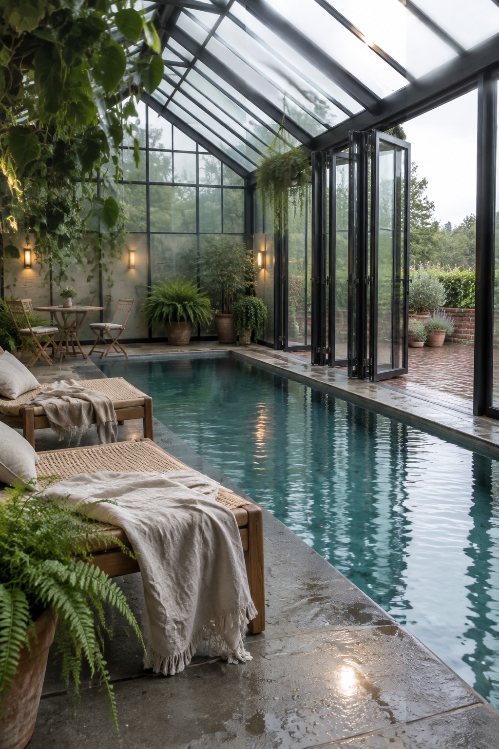 18 Sophisticated Glass House Swimming Pool Designs With Seamless Views An indoor pool inside a glass structure with black frames, two woven lounge chairs with beige throws in the foreground, potted ferns, and open folding glass doors leading to an outdoor patio.