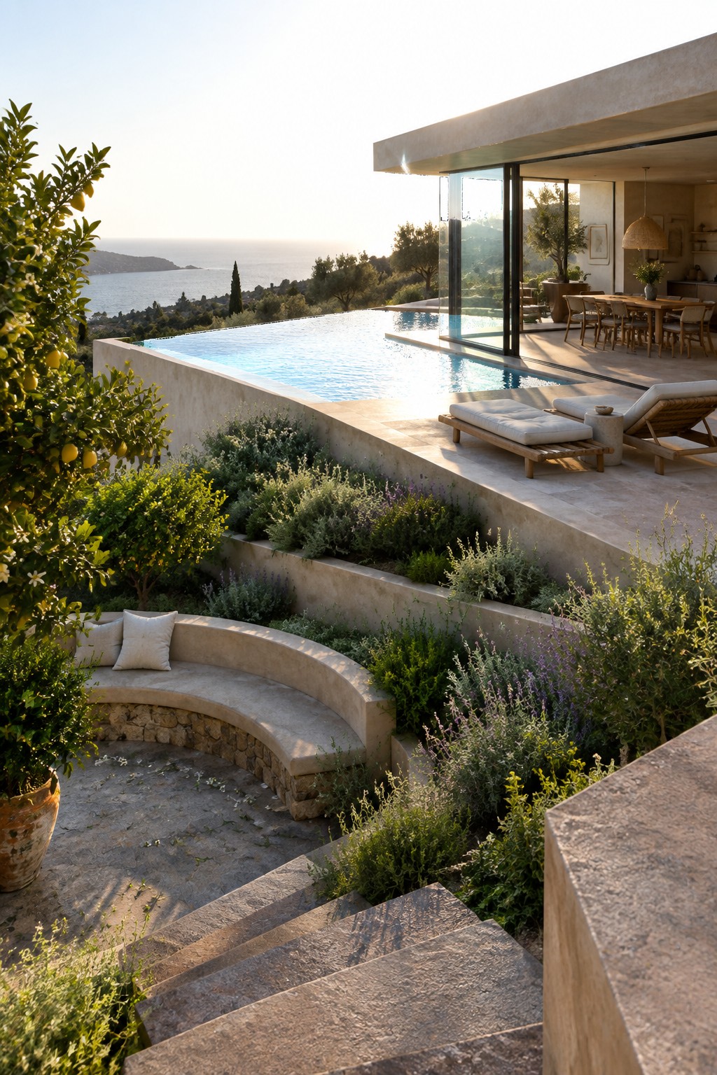 18 Sophisticated Glass House Swimming Pool Designs With Seamless Views Modern villa terrace with infinity pool, sea view, lounge chairs, and garden
