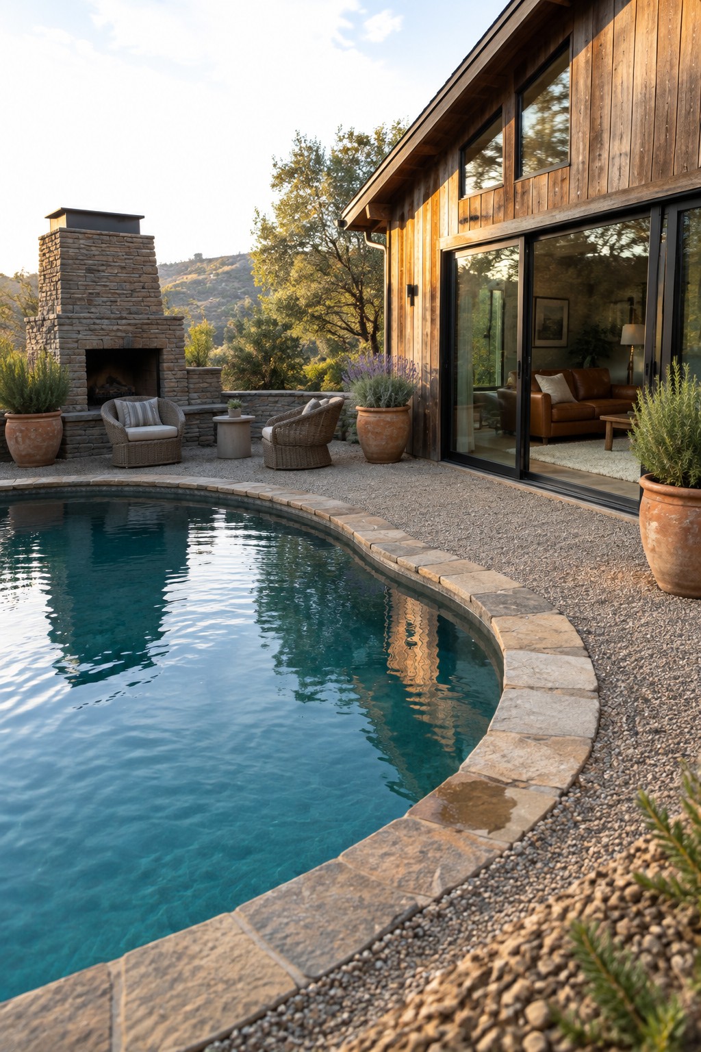 18 Sophisticated Glass House Swimming Pool Designs With Seamless Views Modern wooden house with pool, stone fireplace, wicker chairs, and gravel patio at sunset
