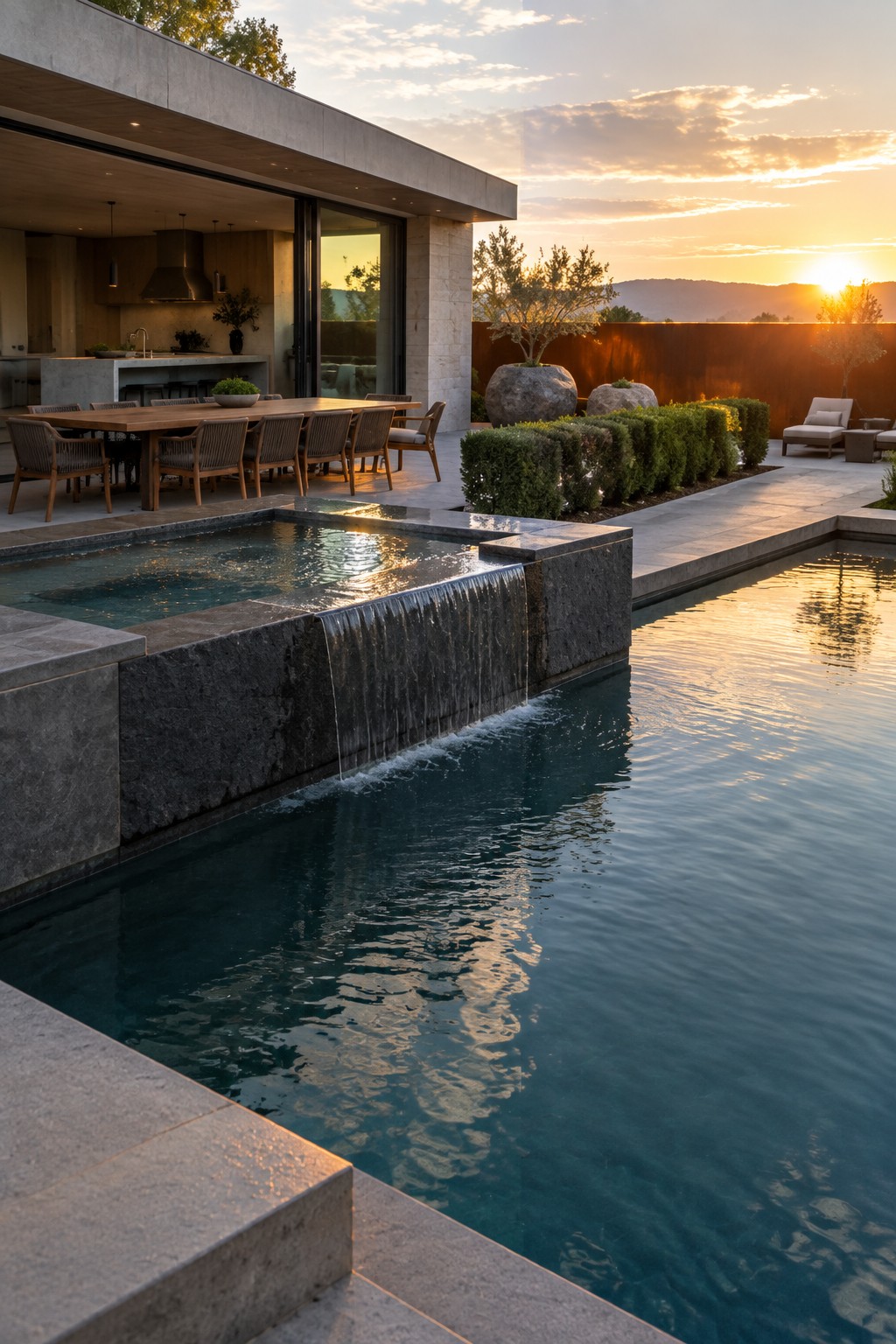 18 Sophisticated Glass House Swimming Pool Designs With Seamless Views A modern concrete house with large glass doors opens onto a pool terrace with a long wooden dining table, stone waterfall feature, and distant hills at sunset.