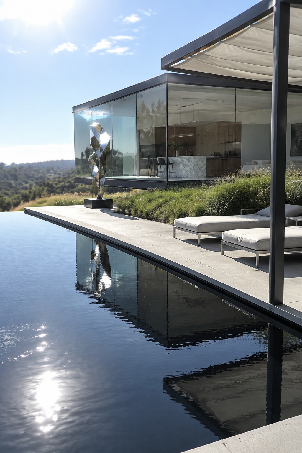 18 Sophisticated Glass House Swimming Pool Designs With Seamless Views Modern glass villa with infinity pool, white lounge chairs, and metallic sculpture overlooking hills