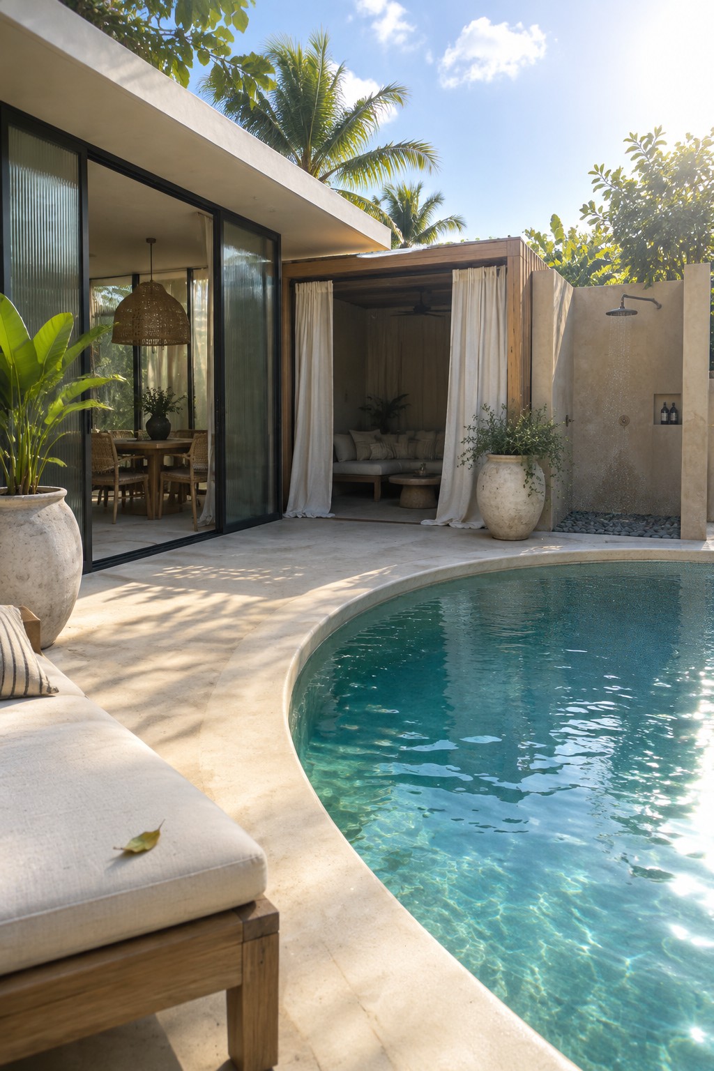 18 Sophisticated Glass House Swimming Pool Designs With Seamless Views A modern house with large glass sliding doors opens to a curved swimming pool, an outdoor lounge with white curtains, and a stone outdoor shower area.