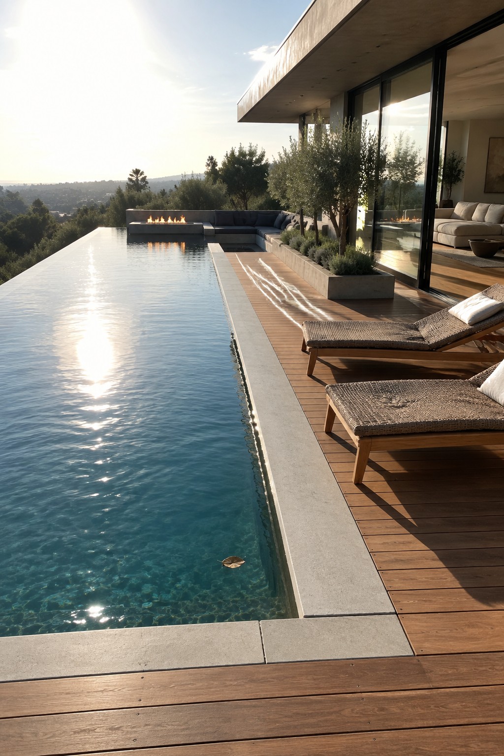 18 Sophisticated Glass House Swimming Pool Designs With Seamless Views A long infinity pool runs parallel to a wooden deck with two lounge chairs, next to a modern house with large glass doors opening to an outdoor seating area and fire pit.