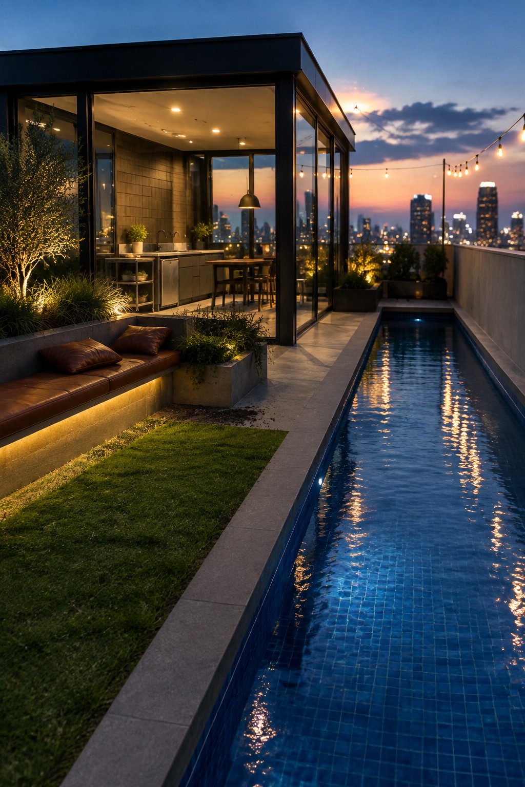 18 Sophisticated Glass House Swimming Pool Designs With Seamless Views Rooftop pool at dusk with modern glass house, string lights, and city skyline