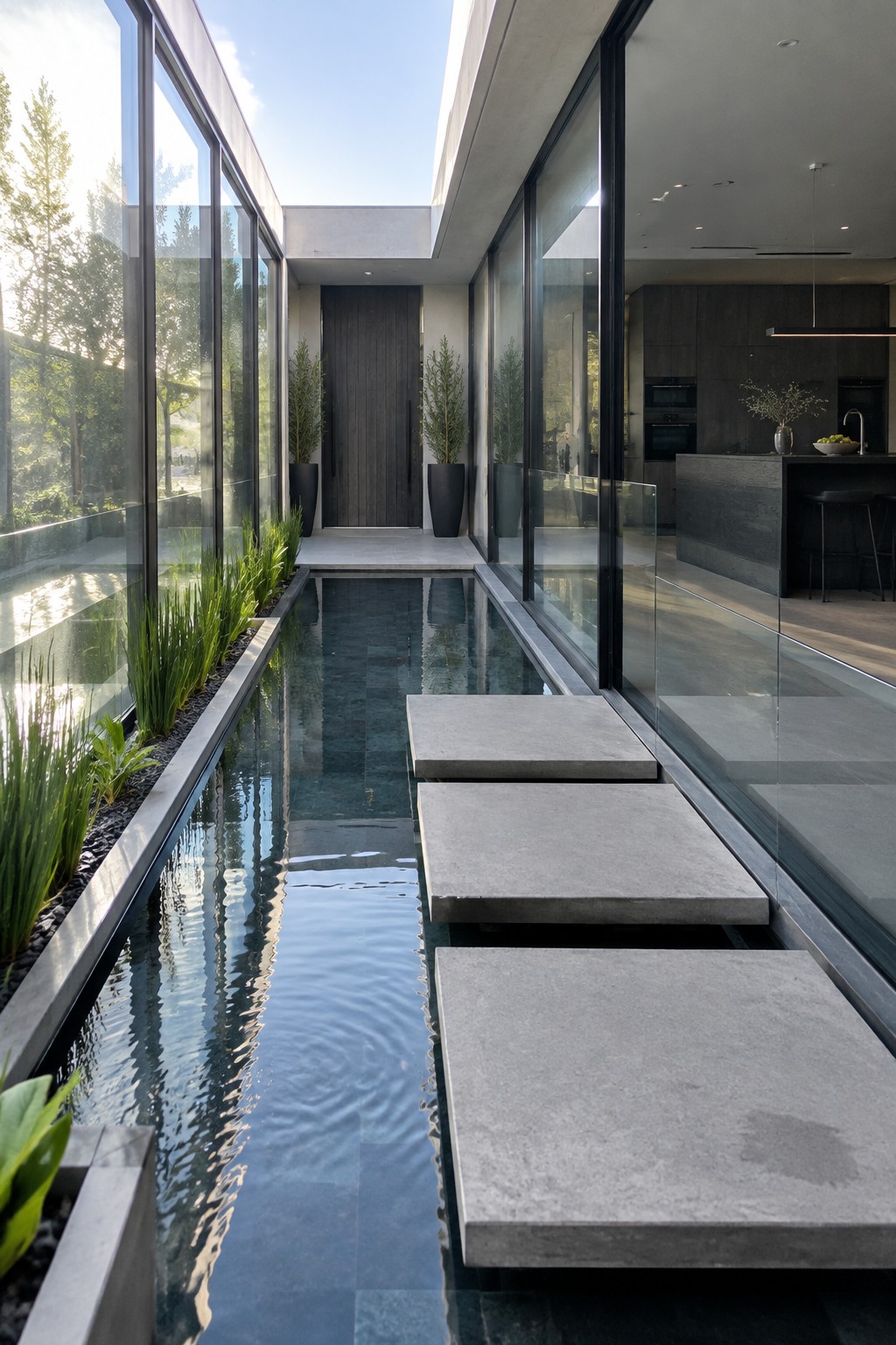 18 Sophisticated Glass House Swimming Pool Designs With Seamless Views A narrow indoor pool with three large concrete stepping stones running through it, flanked by tall green plants and glass walls that open to a modern kitchen.