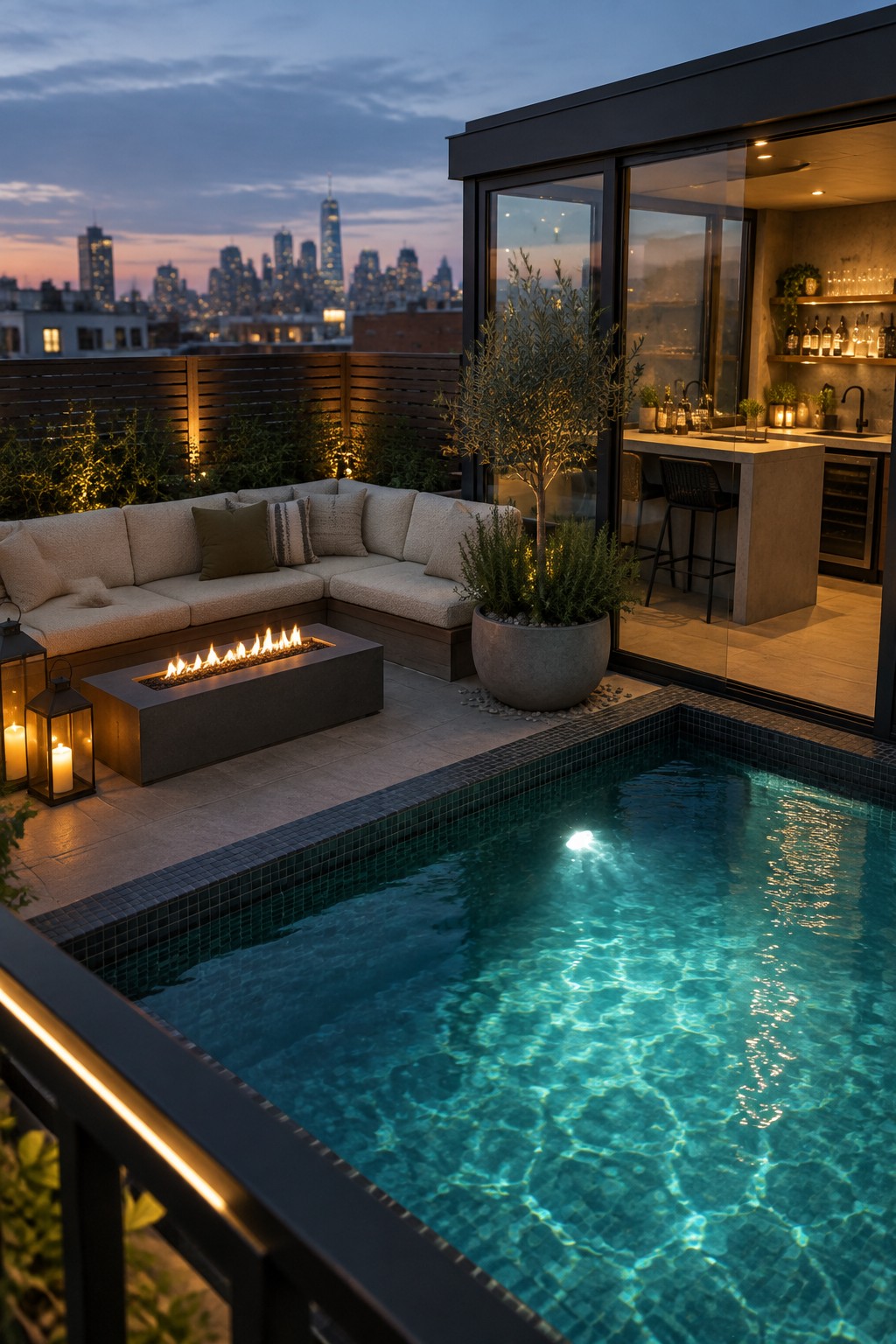 18 Sophisticated Glass House Swimming Pool Designs With Seamless Views Rooftop terrace with pool, fire pit, sofa, bar, and glowing city skyline at dusk