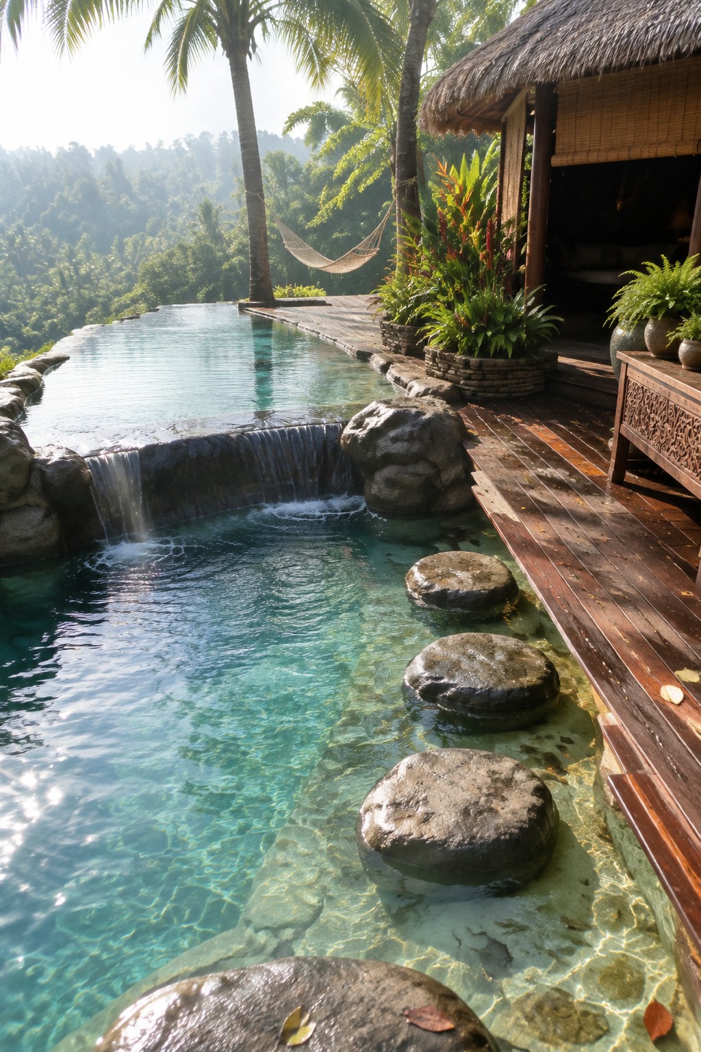 A hillside infinity pool with a wooden deck, thatched structure, large dark stepping stones in shallow turquoise water, and a small waterfall spilling from the upper pool edge.