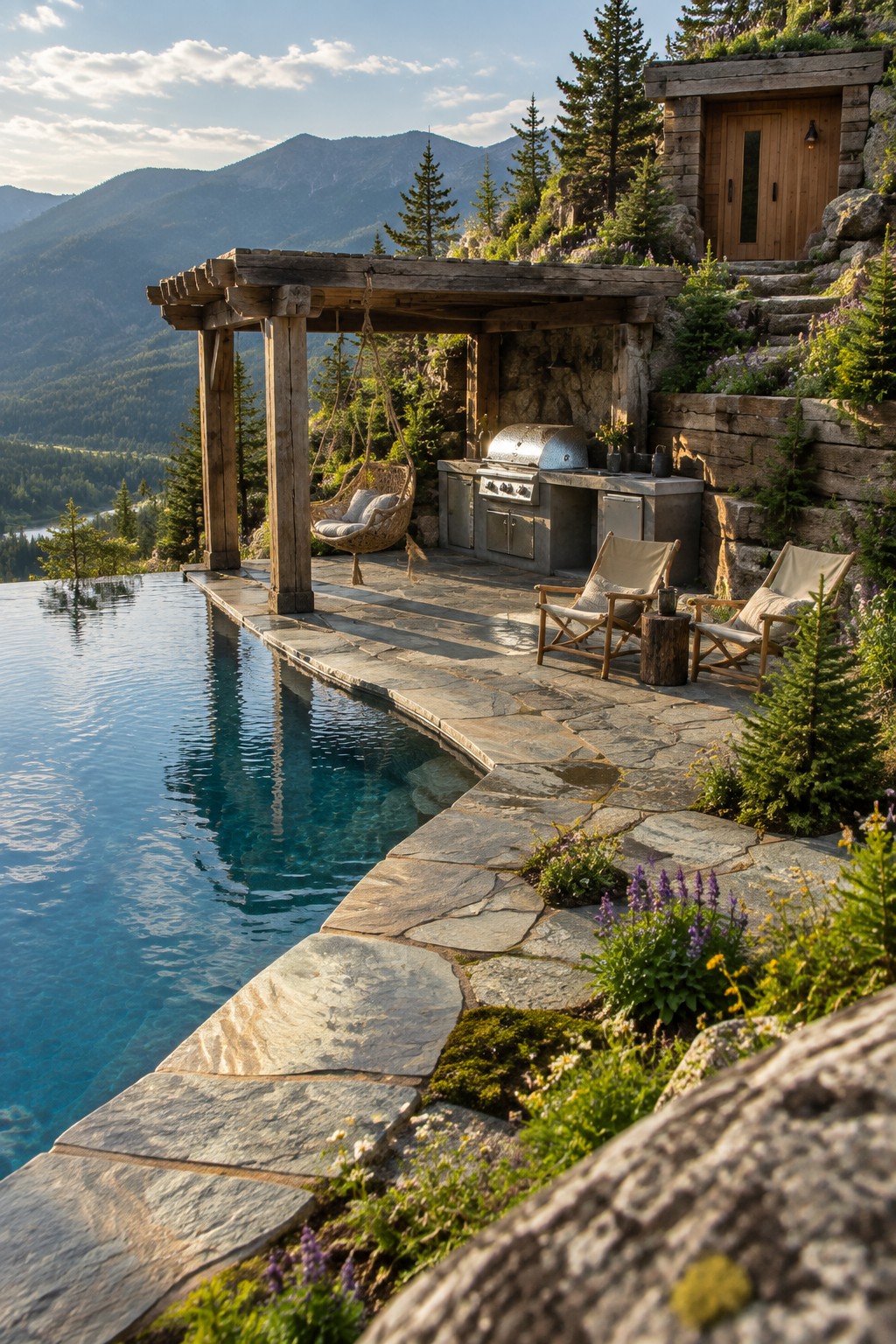 A hillside infinity pool with a stone patio that includes an outdoor kitchen under a wooden pergola, two lounge chairs, and a hanging chair overlooking mountains and trees.