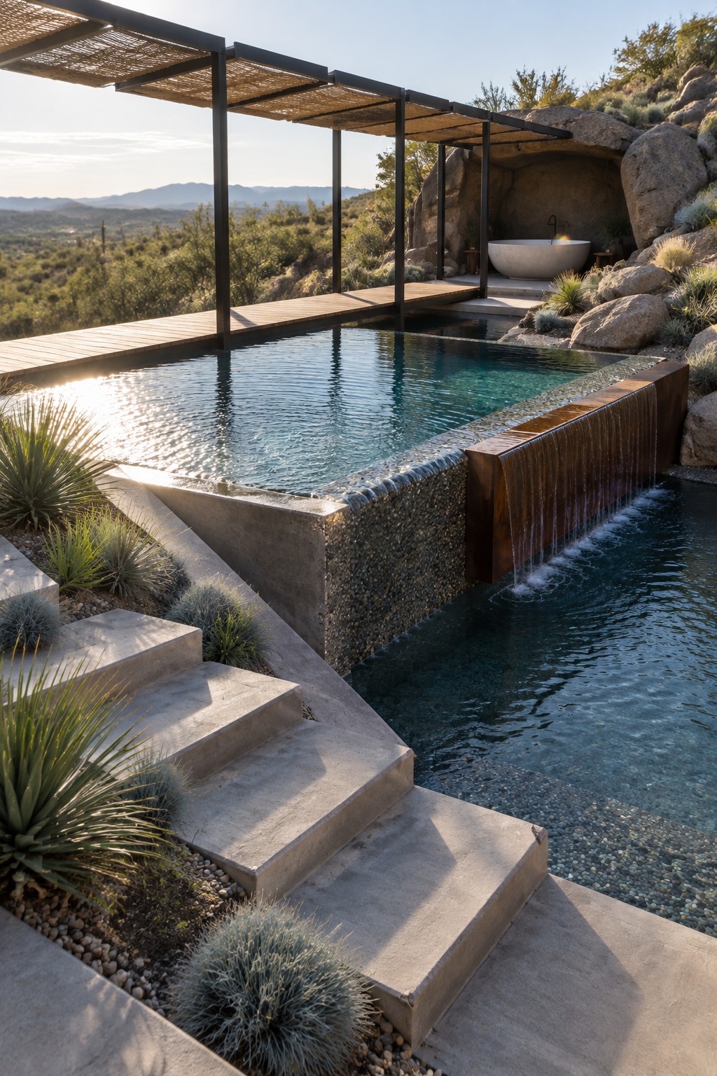 Modern desert pool with cascading waterfall, concrete steps, native plants, and stone tub.