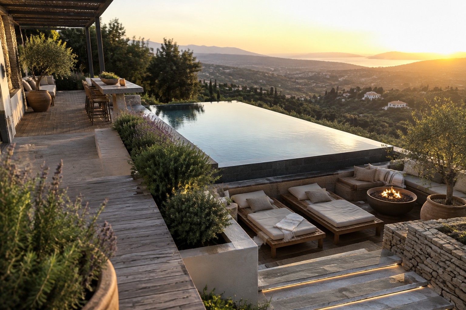 Luxurious wooden deck with infinity pool, fire pit, lounge chairs overlooking sunset hills.