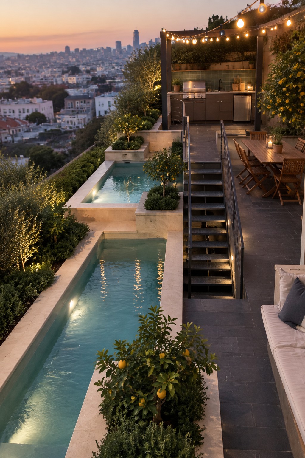 A long narrow infinity pool on a hillside terrace at dusk, with an outdoor kitchen, dining area, and city view beyond.