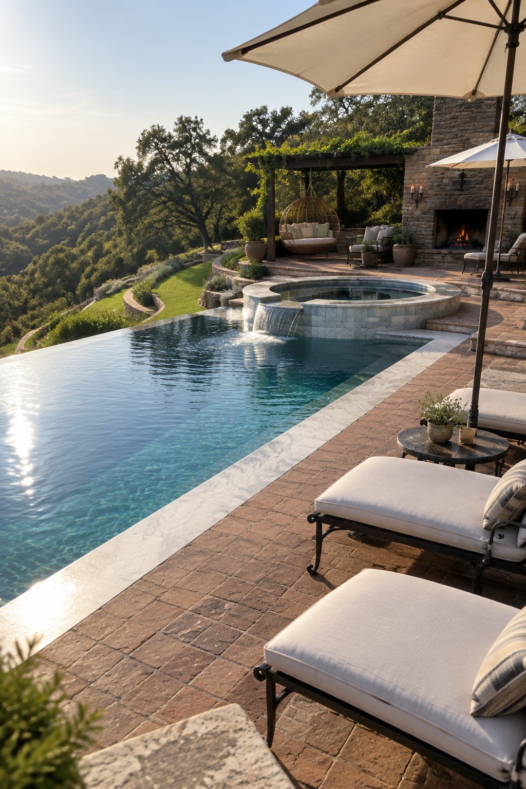 A hillside infinity pool with a stone hot tub and waterfall, surrounded by brick pavers, white lounge chairs, a large umbrella, and a stone fireplace overlooking a tree-covered slope.