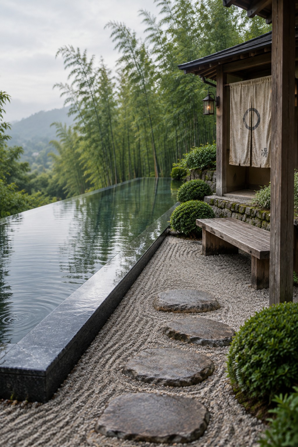 Zen garden with stepping stones, raked gravel, infinity pool, and bamboo forest.