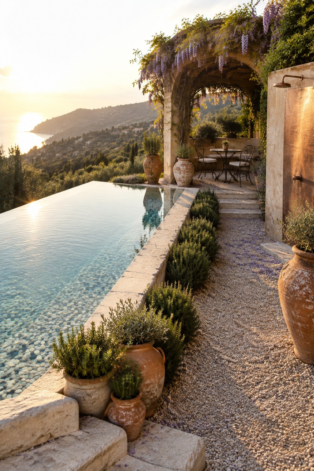 Infinity pool at sunset beside stone arch with purple wisteria and terracotta pots.