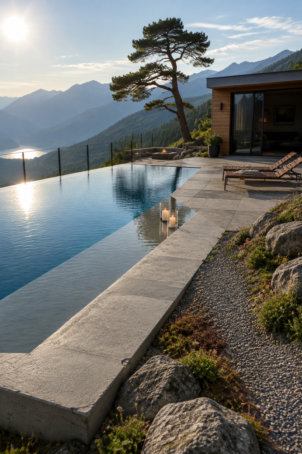 An infinity pool with a wide concrete edge sits on a hillside next to a stone patio with lounge chairs, overlooking a mountain valley at sunset.