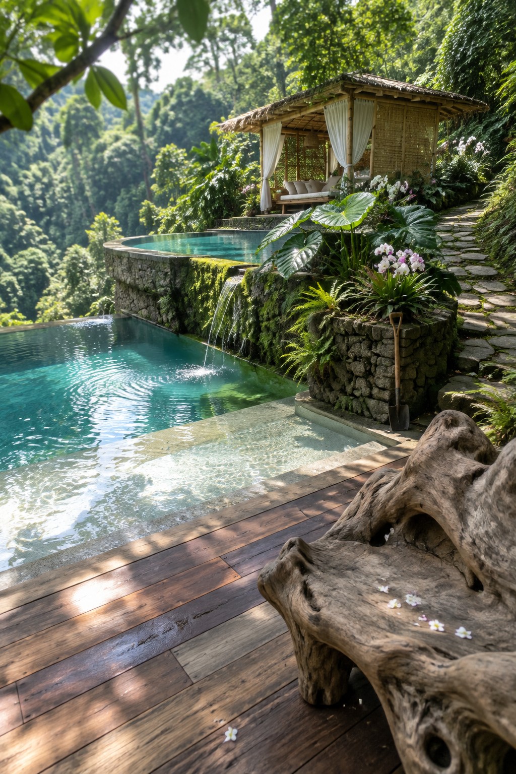 A hillside infinity pool with turquoise water spilling over a moss-covered stone wall, a wooden deck in the foreground, and a thatched cabana on the slope above.