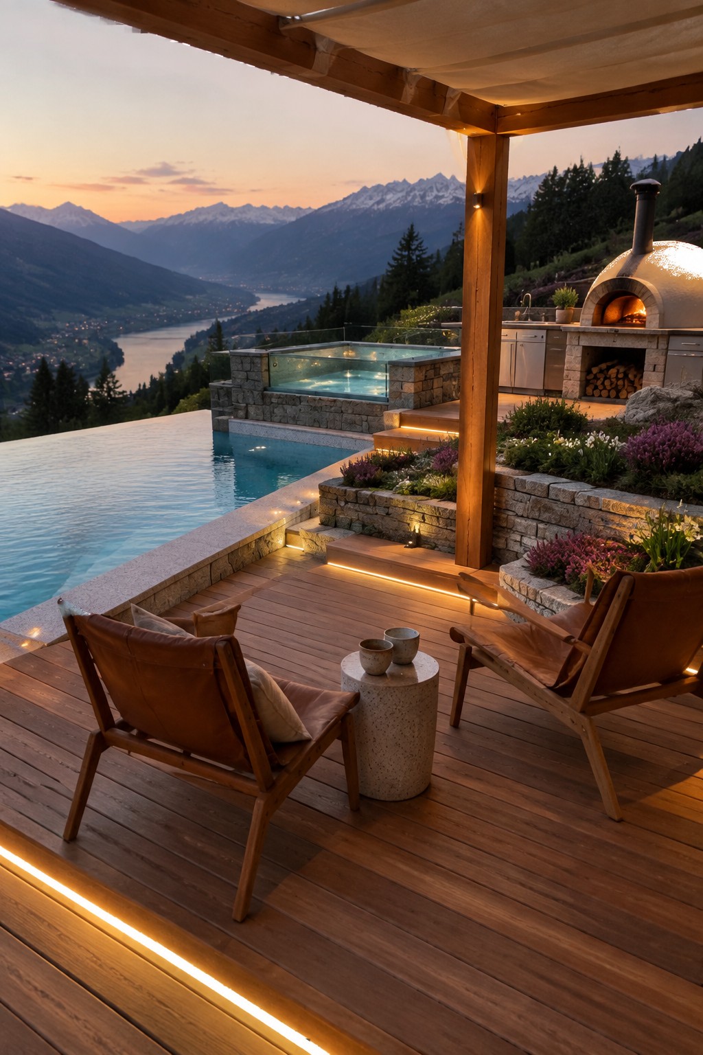 Luxury wooden deck with leather chairs overlooking infinity pool and mountain sunset at dusk