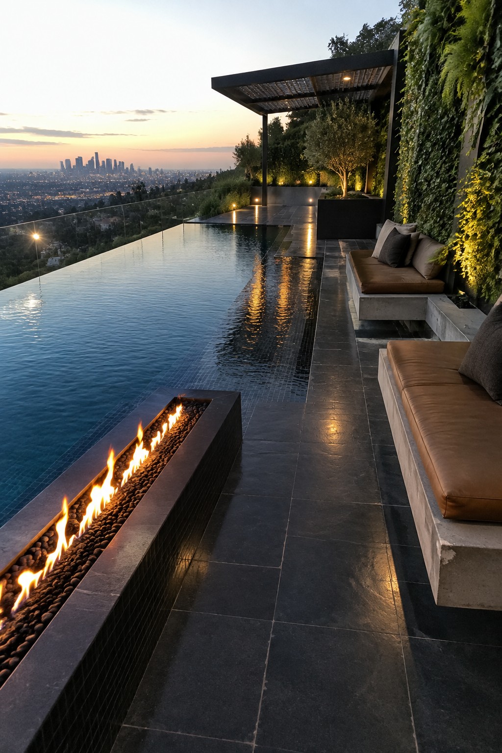 Infinity pool and fire pit on modern terrace overlooking city at dusk