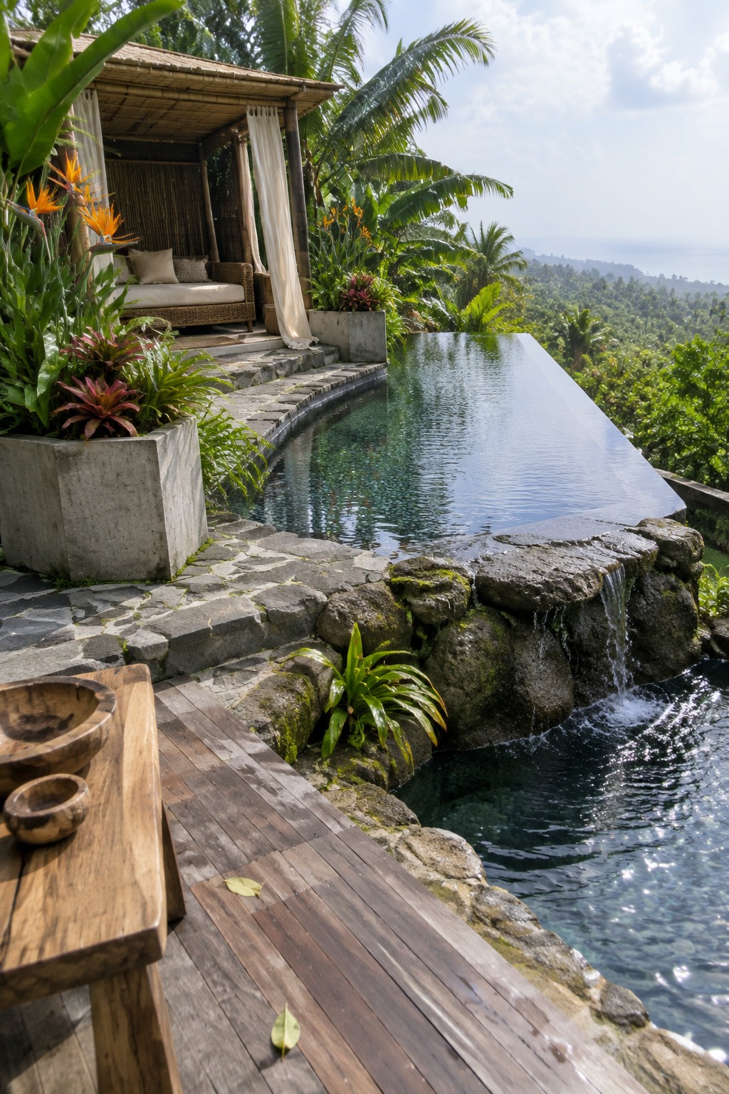 Infinity pool overlooking jungle with thatched cabana, stone deck, and tropical plants