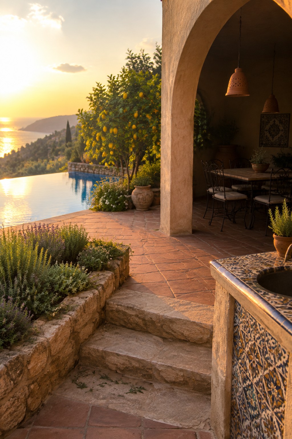 Sunset terrace with infinity pool, lemon tree, stone steps, and arched dining area