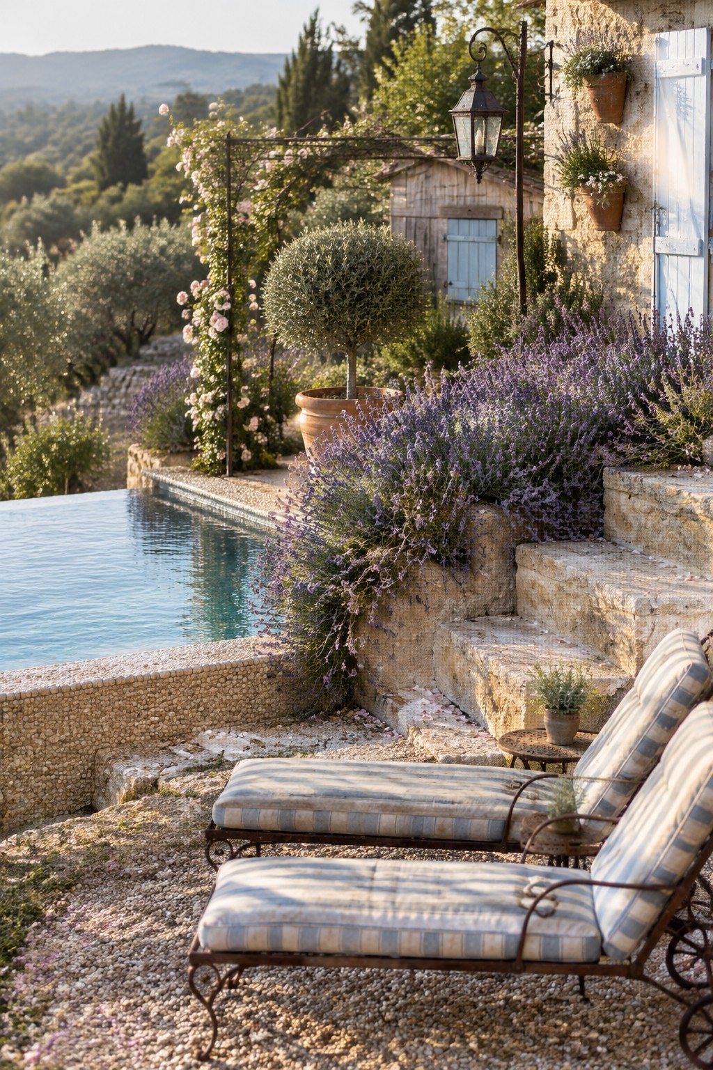 A hillside infinity pool edged with stone, two striped lounge chairs on gravel, lavender spilling over low stone walls, and steps leading up to a house with a view of rolling hills.