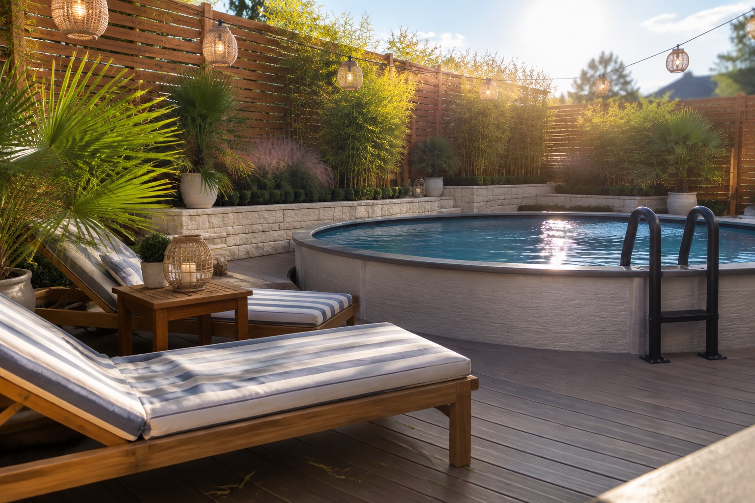 An above-ground pool on a wooden deck with two striped lounge chairs, surrounded by layered bamboo, shrubs, and potted plants.
