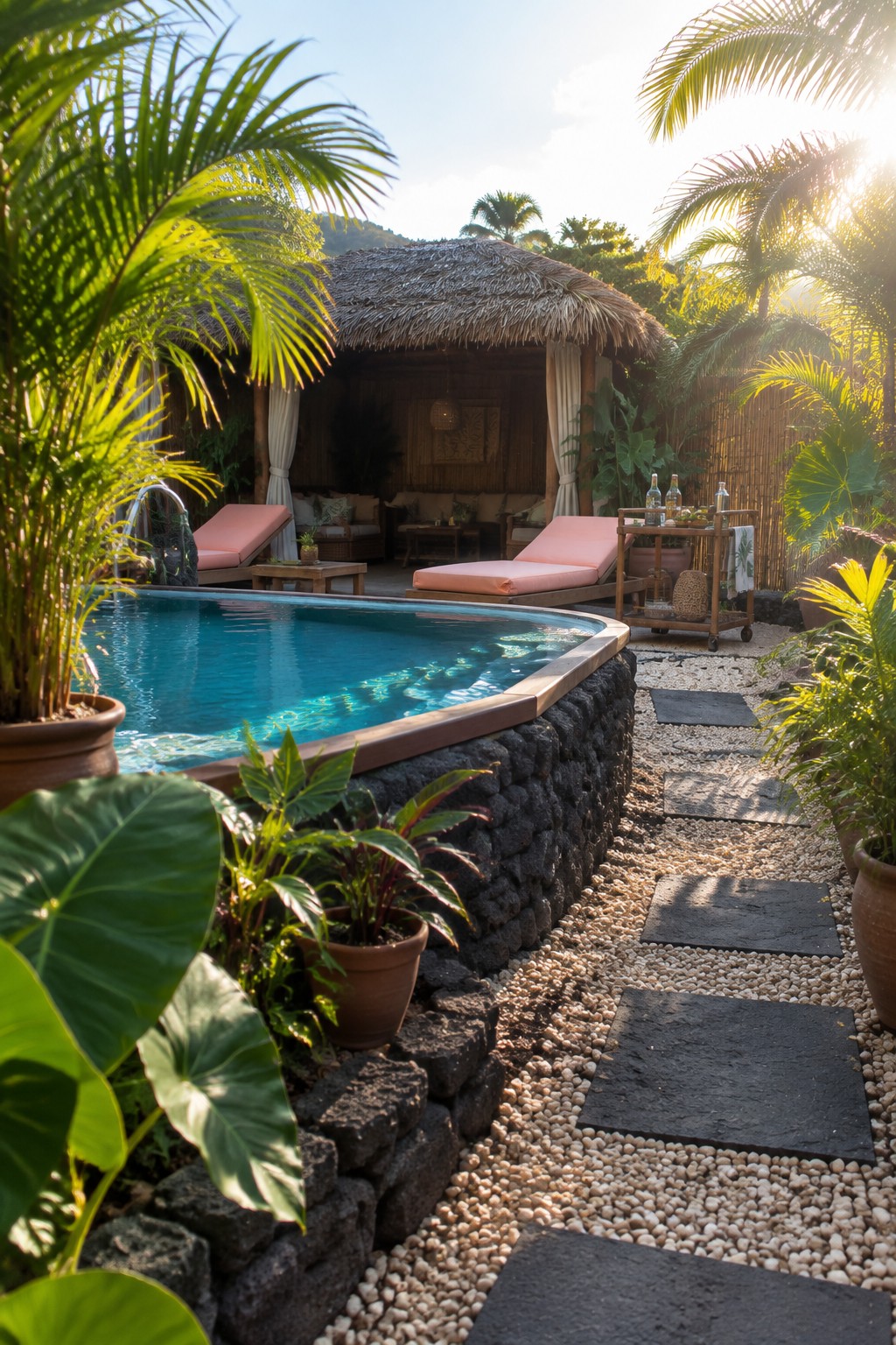 Tropical villa pool with thatched cabana, pink loungers, palm trees, and stone path